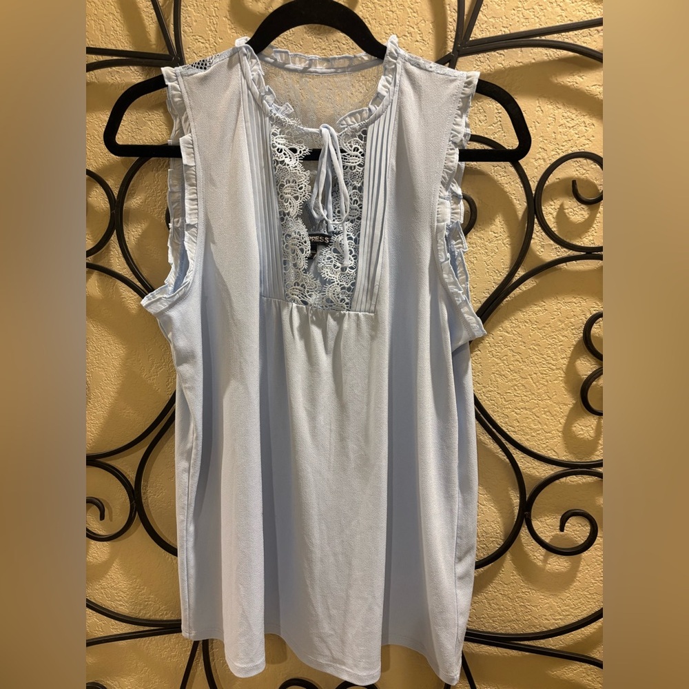 Express Sky Blue Sleeveless Blouse with Lace Detail